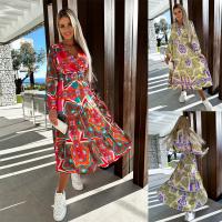 Polyester Waist-controlled One-piece Dress large hem design printed floral PC