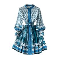Mixed Fabric Waist-controlled One-piece Dress slimming & breathable printed floral blue PC