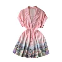 Mixed Fabric Waist-controlled One-piece Dress slimming & loose Mixed Fabric printed landscape pink PC
