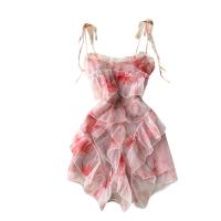 Gauze lace Tube Top Dress slimming & backless floral pink PC