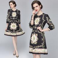 Polyester Waist-controlled & Soft One-piece Dress slimming printed floral black PC