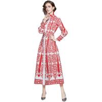 Polyester Waist-controlled & Soft One-piece Dress large hem design & slimming printed floral red PC