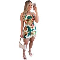 Polyester Waist-controlled One-piece Dress backless & off shoulder printed floral PC