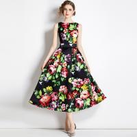 Polyester Waist-controlled & long style One-piece Dress & off shoulder printed floral black PC