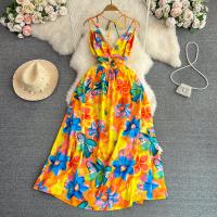 Cashmere Waist-controlled One-piece Dress slimming & deep V & backless printed floral yellow PC