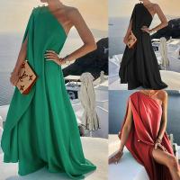 Polyester Waist-controlled & Slim & High Waist One-piece Dress & One Shoulder patchwork Solid PC