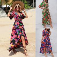 Polyester Waist-controlled & Slim & front slit One-piece Dress printed PC