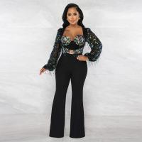 Twilled Satin Tassels Women Sexy Jumpsuit see through look Sequin patchwork Others black PC