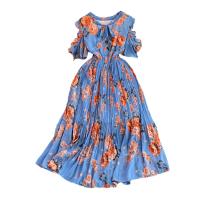 Chiffon Waist-controlled & Pleated One-piece Dress slimming & off shoulder printed floral : PC