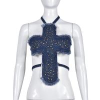 Denim Crop Top Sleeveless Nightclub Top backless & off shoulder & skinny Cross blue PC