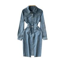 Mixed Fabric Waist-controlled Jeans Dress mid-long style & slimming Solid blue PC