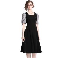 Polyester Waist-controlled One-piece Dress mid-long style & slimming patchwork Solid black PC