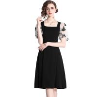 Polyester Waist-controlled One-piece Dress mid-long style & slimming patchwork butterfly pattern black PC