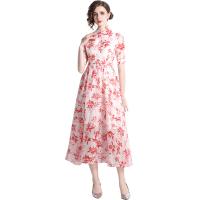 Polyester Waist-controlled One-piece Dress mid-long style & slimming printed leaf pattern pink PC