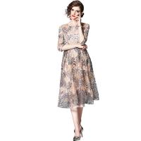 Polyester Waist-controlled One-piece Dress mid-long style & slimming embroidered leaf pattern mixed colors PC