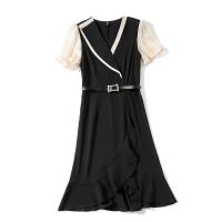 Polyester Waist-controlled & scallop One-piece Dress slimming patchwork Solid black PC