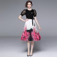 Polyamide Waist-controlled & Pleated One-piece Dress slimming printed tree pattern mixed colors PC