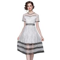 Gauze & Lace Waist-controlled & Soft One-piece Dress large hem design & slimming printed floral white PC