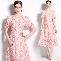 Chiffon Waist-controlled & Soft One-piece Dress slimming printed shivering pink PC