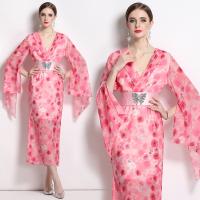Chiffon Waist-controlled One-piece Dress mid-long style & slimming printed floral pink PC