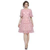 Gauze & Lace Waist-controlled & Soft One-piece Dress slimming embroider floral pink PC