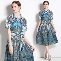 Gauze Waist-controlled & Soft One-piece Dress slimming printed floral blue PC
