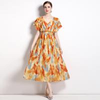 Chiffon Waist-controlled & Soft & Pleated One-piece Dress slimming printed : PC