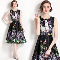 Polyester Waist-controlled & Soft One-piece Dress large hem design & slimming printed floral black PC