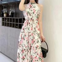 Chiffon Waist-controlled & long style One-piece Dress slimming & off shoulder printed floral PC