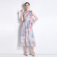Chiffon Waist-controlled & shoulder slope One-piece Dress slimming & breathable printed floral light blue PC