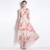 Chiffon Waist-controlled One-piece Dress slimming & breathable printed floral Apricot PC