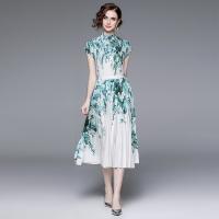 Gauze Waist-controlled One-piece Dress slimming & breathable printed floral green PC