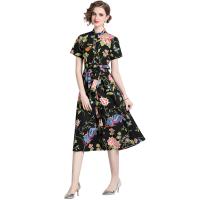 Gauze Waist-controlled One-piece Dress slimming & breathable printed floral black PC