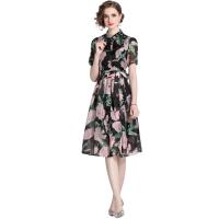 Gauze Waist-controlled One-piece Dress slimming & breathable printed floral black PC
