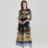 Chiffon Waist-controlled & long style One-piece Dress slimming & breathable printed floral black PC