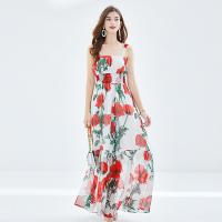 Tencel Waist-controlled & long style One-piece Dress slimming & breathable printed floral red PC