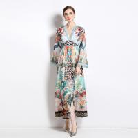 Chiffon Waist-controlled & long style One-piece Dress slimming & breathable printed leaf pattern white PC