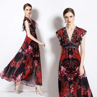 Chiffon Waist-controlled & long style One-piece Dress slimming & deep V & breathable printed floral PC