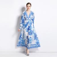 Chiffon Waist-controlled & long style One-piece Dress slimming & deep V & breathable printed floral sky blue PC