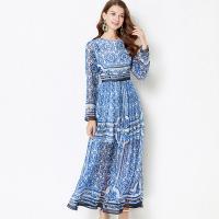 Real Silk Waist-controlled & long style One-piece Dress slimming & breathable printed blue PC
