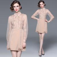 Gauze Waist-controlled One-piece Dress see through look & slimming & breathable printed Apricot PC