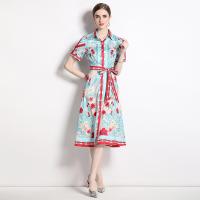 Gauze Waist-controlled & long style One-piece Dress slimming & breathable printed floral blue PC