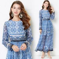 Polyester Waist-controlled & Soft One-piece Dress large hem design & mid-long style & slimming printed floral blue PC