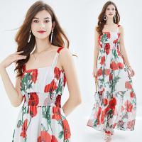 Polyester Waist-controlled & Soft & long style One-piece Dress large hem design & slimming printed floral red PC