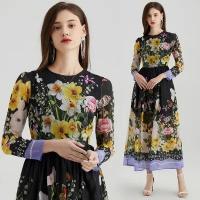 Polyester Waist-controlled & Soft & long style One-piece Dress large hem design & slimming printed floral black PC