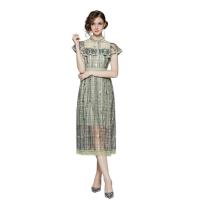 Tencel Slim & long style One-piece Dress see through look & slimming embroider plaid green PC