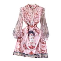 Polyester One-piece Dress see through look & slimming printed character pattern pink PC