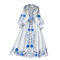 Polyester Waist-controlled & long style One-piece Dress printed floral blue PC