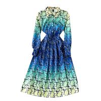 Mixed Fabric long style One-piece Dress slimming printed blue PC