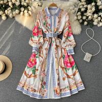 Mixed Fabric long style One-piece Dress printed floral white PC